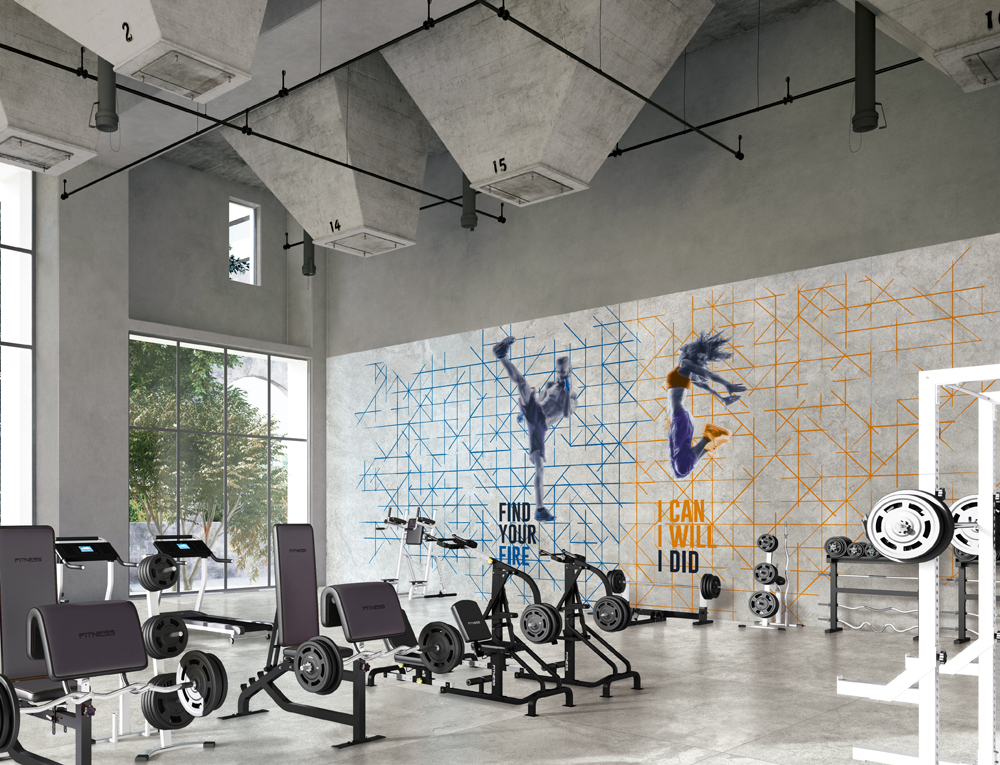 Fitness gym with an industrial setting. 3d rendering