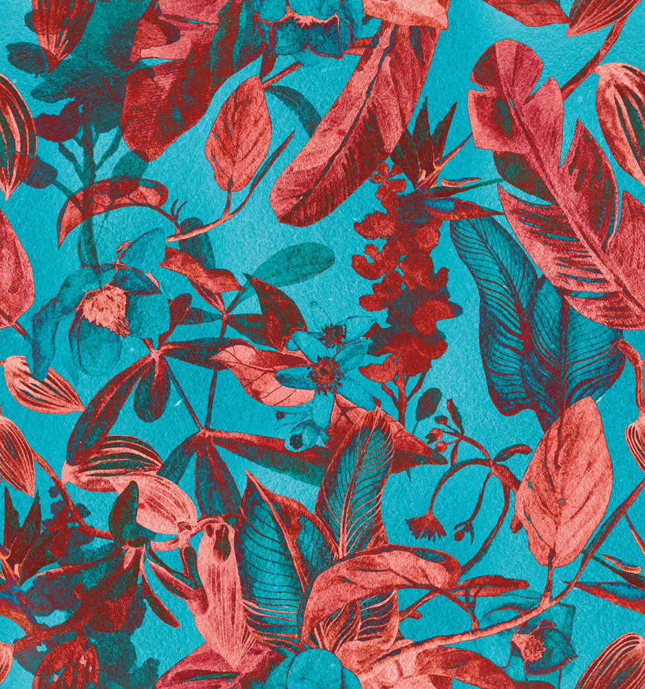 Seamless watercolor pattern with tropical flowers, magnolia, orange flower, vanilla orchid, tropical leaves, banana leaves